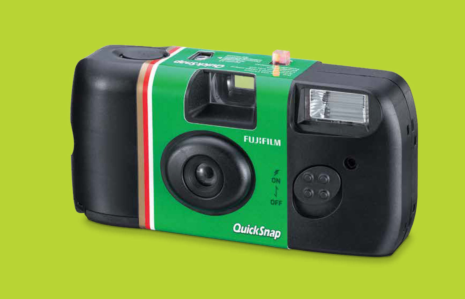 Green and black Fujifilm QuickSnap camera on a green background